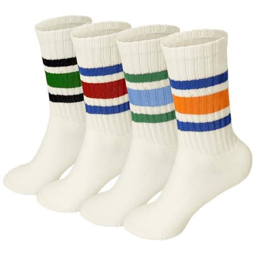 Image of Meng Jiaran 4 Pairs Crew Sport Socks Women Men Striped Crew Socks Size 4-7, Retro Athletic Socks Casual Cotton Socks for Women Men