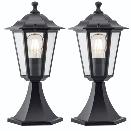 Image of firstchoicelighting Set of 2 Modern Black Outdoor Post Lights, Garden Pedestal Lights, Six Sided Glass Lantern Design, IP44 Rated, Compatible with LED Bulbs