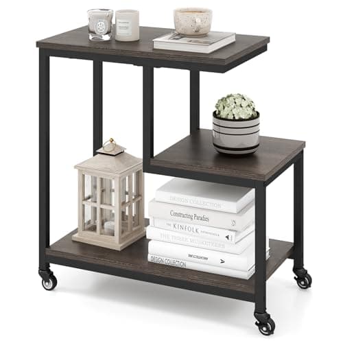 Image of COSTWAY G-Shaped Side Table, 3-Tier Rolling Bedside Snack Sofa End Table with Lockable Wheels, Modern Metal Frame Laptop Holder Display Storage Rack for Living Room Bedroom (Grey + Black)
