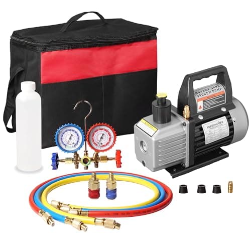 Image of 3 CFM 1/4 HP AC Vacuum Pump and Gauge Set, Single Stage HVAC Vacuum Pump for R12 R22 R502 R134A R404 R407 R452A, AC Refrigerant Manifold Gauge Set Kit with Hoses, 330 ML Oil Included