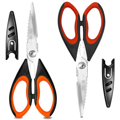 Image of Magnificent Kitchen Scissors All-in-1 Multi-Function Heavy Duty, Stainless Steel Shears with Fish Scaler Nutcracker Bottle Opener, Sharp Meat Scissors Soft Grip Handle with Safety Cover- Pack of 2