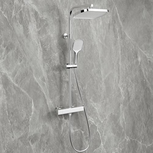 Image of Ronvie Thermostatic Shower Mixer Set, 32cm Square Overhead Rainfall Shower, 3 Modes Shower Head with Adjustable Height Shower Rod, Anti-Leak Hose, Anti-Scald Thermostatic Shower System Chrome