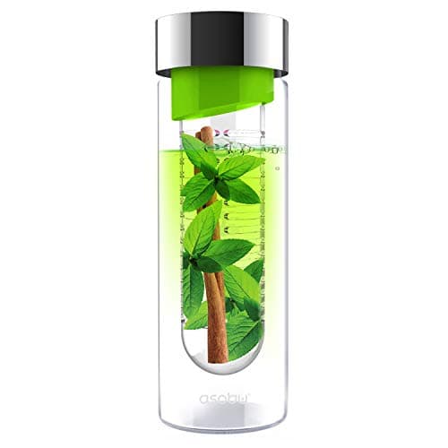 Image of Asobu Flavor It 20 Ounce Glass Water Bottle with Fruit Infuser, Green Silver
