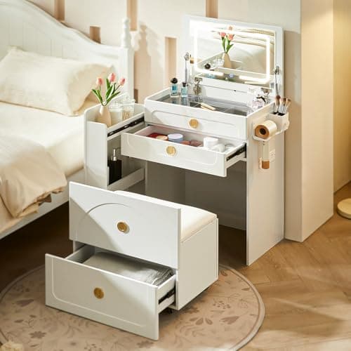 Image of TUKAILAi Integrated Dressing Table with Flip Top LED Mirror, Glass Top, 3 Drawers, Pull-Out Side Cabinet, Built-in Charging Station & Hairdryer Holder, Vanity Stool, for Bedroom
