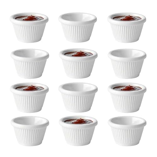 Image of Chabrias Pack of 12 Fluted Traditional Melamine Ramekins Condiment Pots, Sauce Ramekins, Dip Bowls, Tough Plastic Sauce Pots, Made in England (White 2oz)