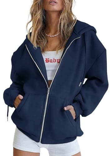 Image of Jhsnjnr Women's Hoodies Oversized Plain Zipper Hooded Sweatshirt Zip Up Hoodie with Pockets Fall Long Sleeve Fleece Jacket Navy Blue