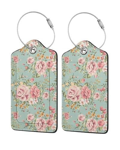 Image of 2 Pcs Luggage Tags for Suitcase, Vintage Floral Pink Rose Personalised Luggage Tags with Privacy Cover ID Label Address Card and Durable Metal Ring Suitable for Men Women Backpack