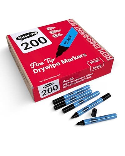 Image of SHOW-ME - Whiteboard Markers | Drywipe, Erasable Black Fine Tip 1.2mm Line | Classroom Board Writing Pens with 3-Day Cap-off, Box of 200
