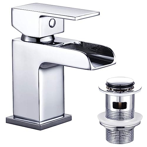 Image of Funime Basin Taps Mixers with Pop-up Waste Slotted Waterfall Bathroom Sink Mixer Tap Square Modern Cloakroom Faucet Monobloc G1/2 Hoses Single Hole