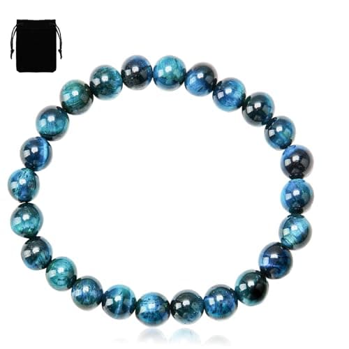 Image of unillea 8mm Sky Blue Tiger Eye Gemstone Beads Bracelet, Natural Healing Crystal Stretch Bracelet for Women Men, Calming Energy Stone Jewelry Gift with Pouch