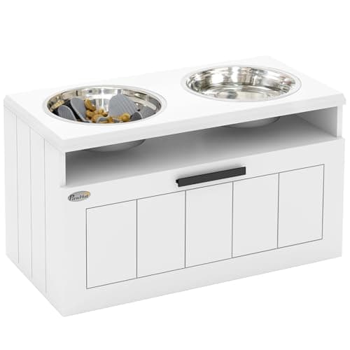 Image of PawHut Raised Dog Bowl, Elevated Pet Bowls with Slow Feeder, Two Stainless Steel Bowls, Drawer, for Large & Extra Large Dogs, White