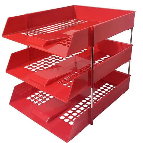 Image of A4 Red Plastic Letter Trays with Risers – 3 trays Stackable Desk Document Organiser