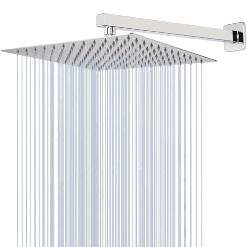 Image of Katezon 25 cm High Pressure Rainfall Shower Head with 40 cm Shower Arm, Stainless Steel Square Showerhead Self-Cleaning Silicone Nozzles, Ultra-Thin Design, Universal Wall and Ceiling Mount (Chrome)