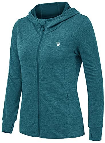 Image of donhobo Women's Running Jackets with Thumb Hole,Long Sleeve Gym Sport Zip Up Hoodie Top Breathable Quick-Dry Tops with Zip Side Pocket Dark Blue S