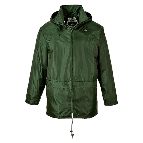 Image of Portwest S440 Classic Rain Jacket Waterproof Coat Windbreaker Raincoat Hooded Workwear Pack Away Taped Seams Vented EN 343 PFAS Free Texpel Splash Eco UPF 40+, Olive Green, M