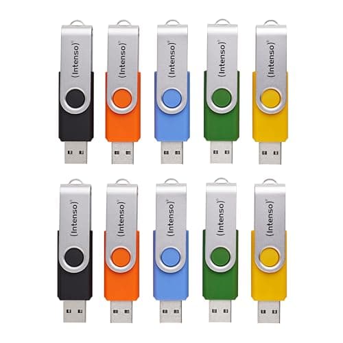Image of Intenso Basic Line USB 2.0 Memory Stick with Handy Tag - Yellow Green Black Blue + Orange with Silver Metal Bracket (Pack of 10)