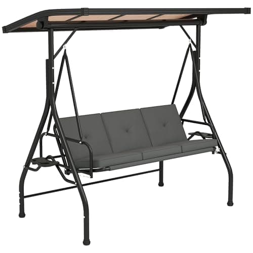Image of Outsunny 3 Seater Garden Swing Seat Bed with UPF30+ Adjustable Canopy, Convertible Swing Chair with Cushion, Outdoor Hammock Bench with Cup Trays for Balcony Patio, Dark Grey
