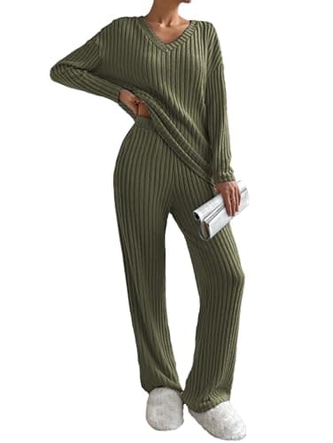 Image of Famulily Ribbed Baggy Tracksuit Womens Full Set V Neck Jumpers and Wide Leg Trousers, Ladies Two Piece Outfits Loungewear Sets Winter Nightwear Leisure Wear (S, Army Green)