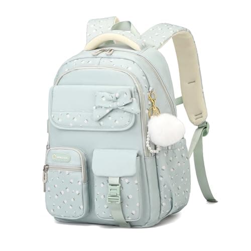 Image of GRUOTEIS Kids Backpack for Girls School Bag, Floral Teen Girls Rucksack School Backpack Multi-Pocket with Bow Decorative, Fluffy Pendant, D556-Green