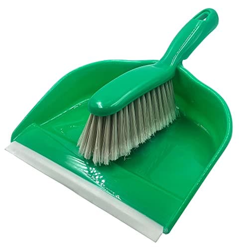 Image of Colour Coded Dustpan and Brush Sets | 22cm Wide Plastic Dustpan with Rubber Lip, and Soft Bristle Brush | Hand Brush and Pan for Domestic and Commercial Use (Green)
