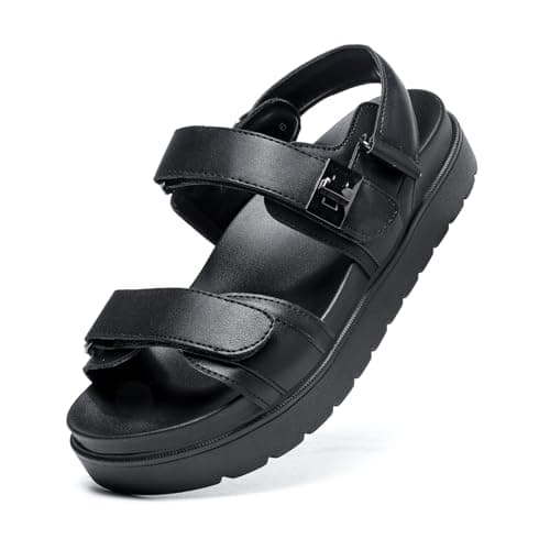 Image of Bella Bays Women's Flatform Sandals Chunky Soft Comfortable Lightweight Ladies Summer Flat Shoes Adjustable Double Strap Thick Leather Insole Sandals Black Size 6 UK