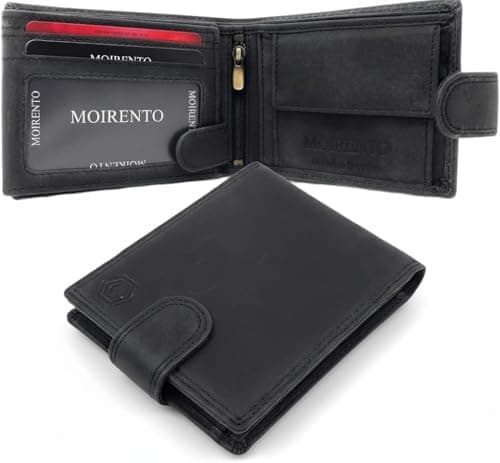 Image of MOIRENTO Mens Black Leather Wallet - Real Hunter Leather Wallets for Men - Coin Pocket - RFID Blocking - Men's Wallet with Card Holder - Designer, EDC - Wallets for Men UK HUNTBLK02
