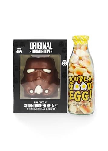 Image of Original Stormtrooper Chocolate Helmet & Good Egg Bottle Gift Collection – Belgian Milk Chocolate Stormtrooper Helmet + Upcyclable Glass Message Bottle Filled with Gummy Fried Egg sweets