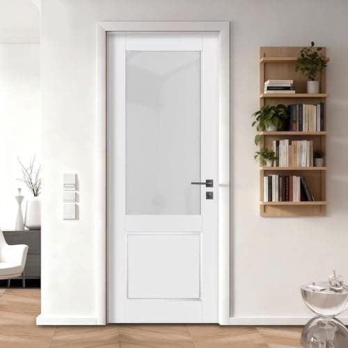 Image of LetLcuk 28"x 80" Half Frosted Glass Slab Door, Interior French Door Slab Solid Core Panel,for Pantry Closet Laundry Bathroom Office White Primed Surface w/o Hardware