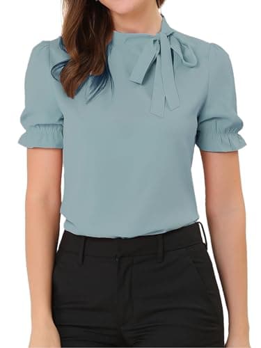 Image of Allegra K Women's Bow Tie Top, 1940 Vintage Elegant Office, Short Sleeve Blouse Mint Blue XL