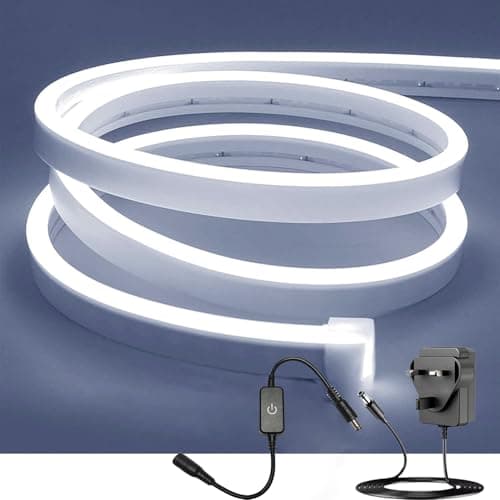 Image of ShineBurky 5M Neon LED Strip Light, Cool White 6000K Outdoor Rope Lights with Plug and Dimmer, 12V Waterproof Small Cuttable Flexible Silicone Light Kit for Bedroom Kitchen Ceiling Wall Wedding Decor
