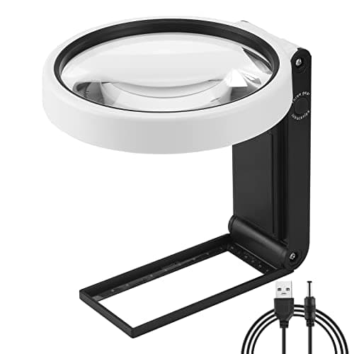 Image of Xnourney Large 4.35in Magnifying Glass 10X 30X with Light and Stand, Handheld Standing LED Illuminated Magnifier, Folding Reading Magnifying Glass with for Seniors Read, Cross Stitch, Map, Jewelry
