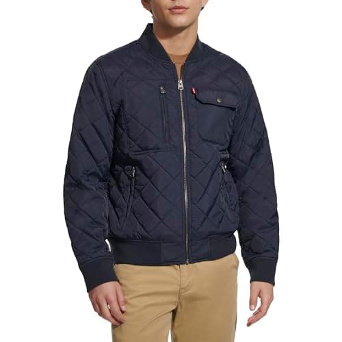 Image of Levi's Men's Diamond Quilted Bomber Jacket, Navy Dry Touch Nylon, S