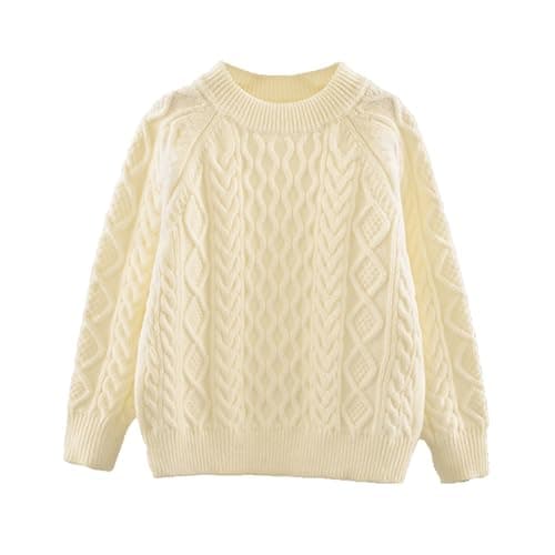 Image of Boys Girls Oversized Sweaters Crew Neck Thick Knitted Jumpers Unisex Kids Winter Warm Baggy Fleece Ribbed Knitwear Casual Fashion Soft Round Neck Wool Pullover Tops (Beige, 13-15 Years)