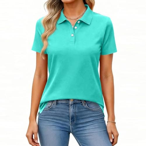 Image of Polo Shirts for Women UK Casual Golf Button Short Sleeve Solid Color Lapel Top Cozy Lady Golf Tops Green XL