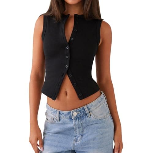 Image of Women Ribbed Button Down Tank Tops Y2k Aesthetic Cute Summer Sleeveless Crop Shirt Going Out Tops Basic Vest (A1 Black, M)