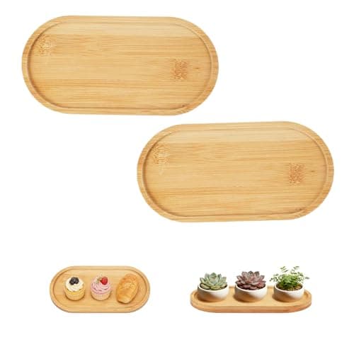 Image of 2 Pieces Ovals Bamboos Trays, 17.5x9x1cm Oval Bamboo Tea Serving Tray, Plant Saucers or Decorative Platters of Small Solid Bamboo Serving for Tea, Coffee, Cakes, Succulents, Desserts, Bread, Fruits
