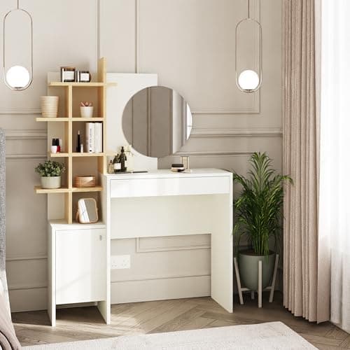 Image of GFW Freyja Dressing Table Set White. Make Up & Hair Vanity Table With Drawers, Large Round Mirror & Storage Cabinet & Shelves. Modern Makeup Desk For Bedroom, H52 x W113 x D35cm. White/Oak