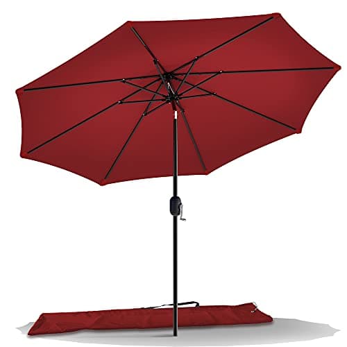 Image of VOUNOT 2.7m Garden Parasol, Outdoor Table Tilting Patio Parasol Umbrella, with Crank Handle, Protective Cover, 8 Sturdy Ribs, Red