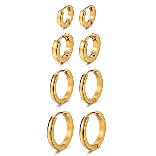 Image of JewelryWe Hoop Earrings Set Huggy Earrings Hinged Hoop Stainless Steel Hypoallergenic Urban Hoop Earrings(Gold)