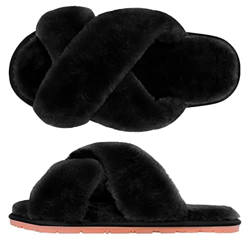 Image of SIMIYA Womens Fluffy Slippers, Anti-Skid Faux Fur House Slippers, Warm Furry Cozy Open Toe Sliders for Girls Indoor Outdoor Shoes(Black,UK 5/6)
