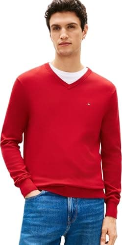 Image of Tommy Hilfiger Men’s Essential Cotton V-Neck Jumper, Red (Medium Red), L