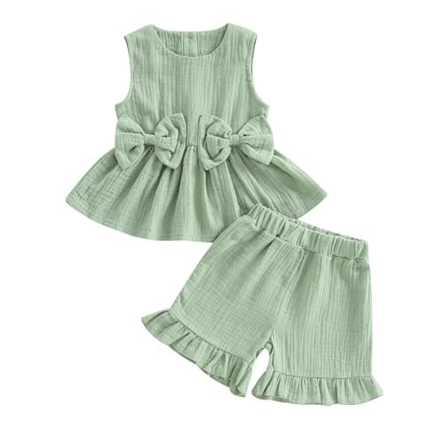 Image of Barbotimer Toddler Girl Summer Clothes Linen Frilly Sleeveless Tank Tops Shirt with Bows Ruffle Hem Shorts Solid 2Pcs Casual Set (Green, 18-24 Months)