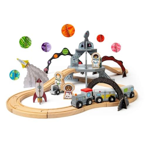 Image of Bigjigs Rail Space Train Set | 40pc Wooden Railway for Toddlers | Montessori Station Toy | Futuristic Rocket & Astronauts | FSC Certified Wood | Kids Galactic Play Fun | Early Learning Gift Ages 3+