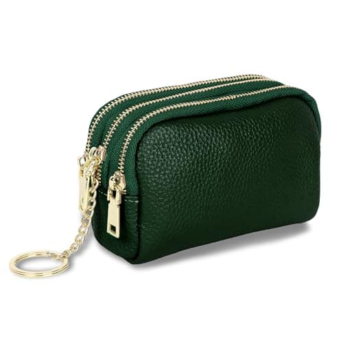 Image of Zip Coin Wallet Genuine Leather Ladies Purse Portable Mini Wallet Three Zippers Small Wallet for Coin Cash with Many Compartments,Green