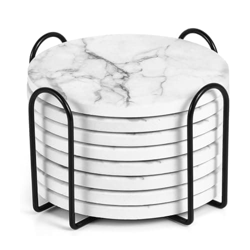 Image of Coasters Set 9 - Marble Ceramic Drink Coasters with Holder and Cork Base, Absorbent & Heat Resistant Table Protectors for Home Decor, Ideal Housewarming Gift, Round 4"