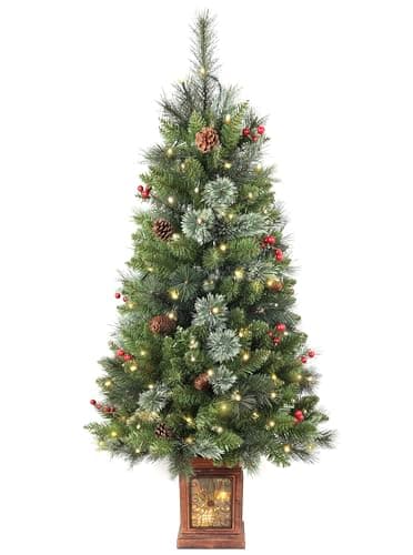 Image of Pre-lit Artificial Christmas Tree 4ft, 256 Branches Tips Potted Decorated Pine Xmas Tree with LED Lights & 12 Red Berry & 12 Pinecone for Indoor Outdoor