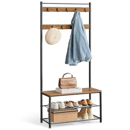 Image of VASAGLE HSR041B41 Coat Rack, Hallway Cabinet, Cloakroom, Clothes Rack with Bench and Shoe Rack, Metal Frame, Height 175 cm, Industrial Style, Walnut Brown and Black