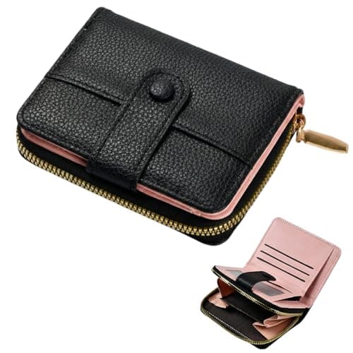 Image of Solvio Small Purses for Women, Genuine Leather RFID Blocking Wallet, Ladies Bifold Card Holder with Zipper Coin Pocket with Multiple Card Slots, Minimalist Compact Design, Black