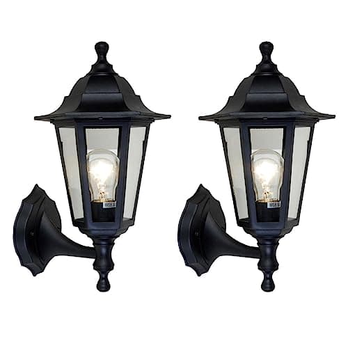 Image of Britalia 2 Pack - Black & Clear Glass Panel Outdoor Vintage Up Coach Lantern Wall Light | IP44 Rated | 36cm Height | 1 x ES E27 Lamp Required | Garden - Patio - Driveway | Polycarbonate Coastal