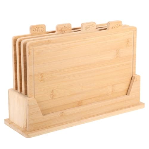 Image of 32x22cm Bamboo Cutting Board Set of 4 - Wood Cutting Board Set with Holder, Chopping Boards Set with Food Icons, Juice Groove - Ideal for Meat, Fish, Bread, Vegetable, Fruit Chopping